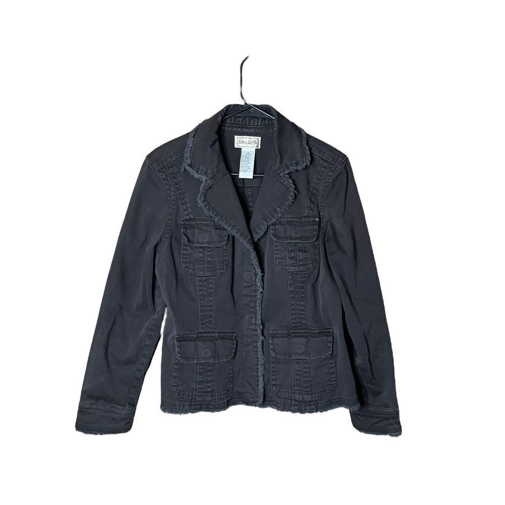 Live a Little Y2K Black Denim‎ Jacket Blazer Raw Hem Frayed Goth Punk Size M